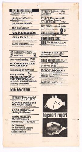 1965 The Yardbirds Eric Clapton John Mayall The Ricky Tick Club Plaza Ballroom Guildford Uncut Handbills Sheet Extra Fine 69