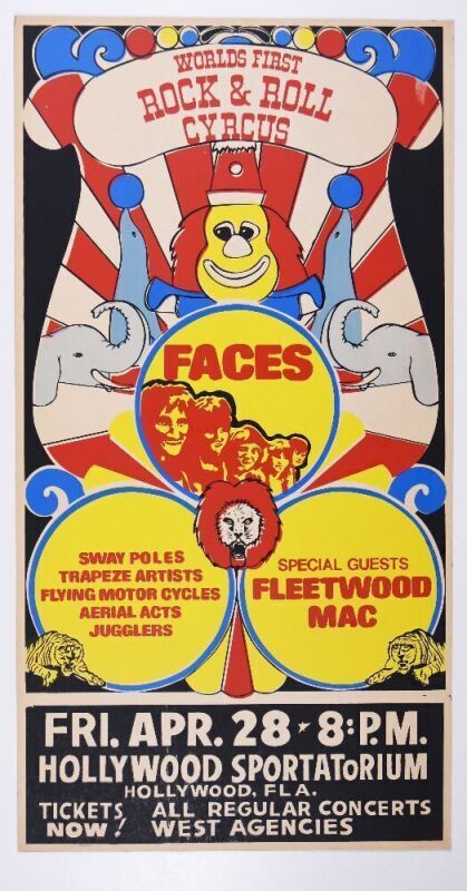 1972 The Faces Rod Stewart Fleetwood Mac The Hollywood Sportatorium Pembroke Pines Cardboard Poster Near Mint 85