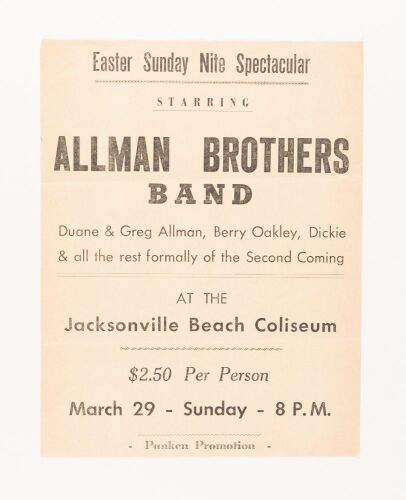 1970 The Allman Brothers Band The Jacksonville Beach Coliseum Flyer Excellent 73