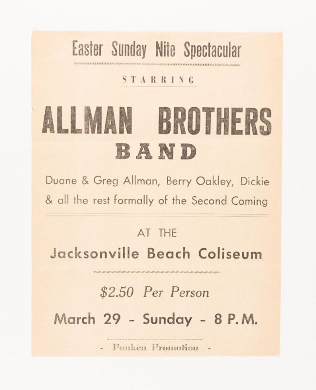 1970 The Allman Brothers Band The Jacksonville Beach Coliseum Flyer Excellent 73
