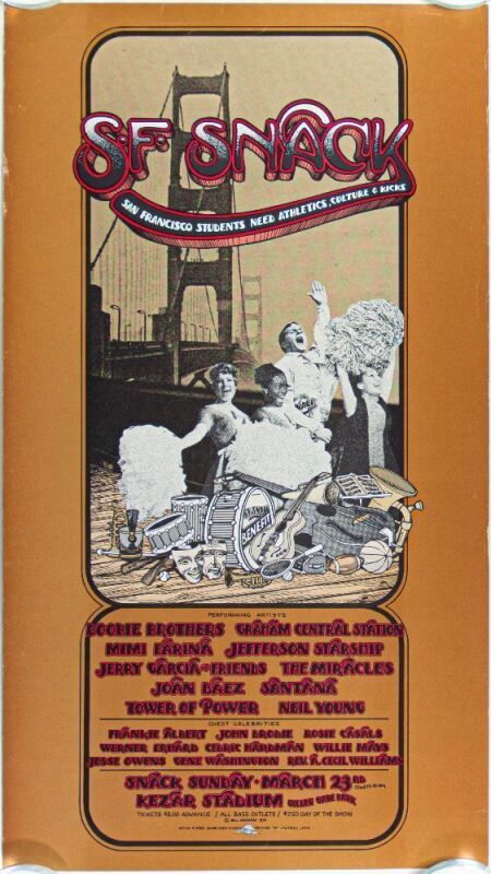 1975 AOR-4.49 Jerry Garcia Neil Young Doobie Brothers Snack Benefit Kezar Stadium Poster Excellent 71