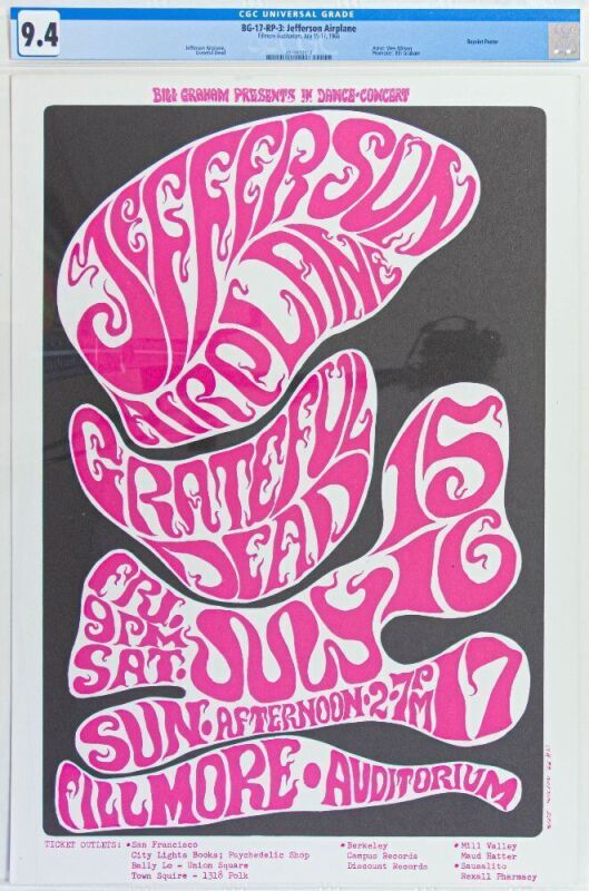 1966 BG-17 Grateful Dead Jefferson Airplane Fillmore Auditorium RP3 Poster CGC 9.4