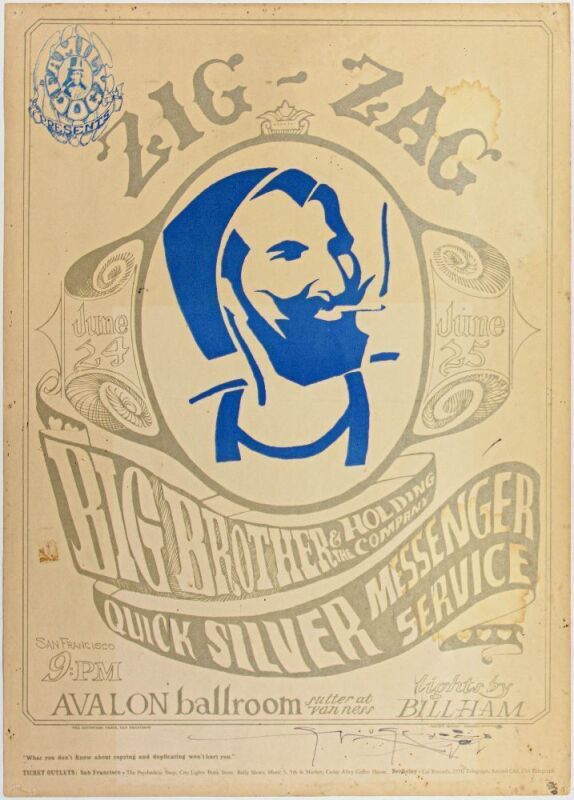 1966 FD-14 Big Brother Zig Zag Man Avalon Ballroom Signed & Doodled Mouse Poster Fine 53