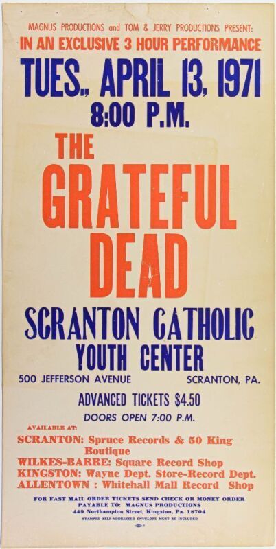 1971 Grateful Dead Scranton Catholic Youth Center Cardboard Poster Extra Fine 69