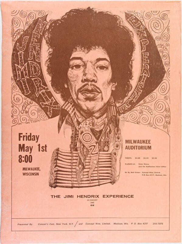 1970 Jimi Hendrix Experience Milwaukee Auditorium Poster MOUNTED