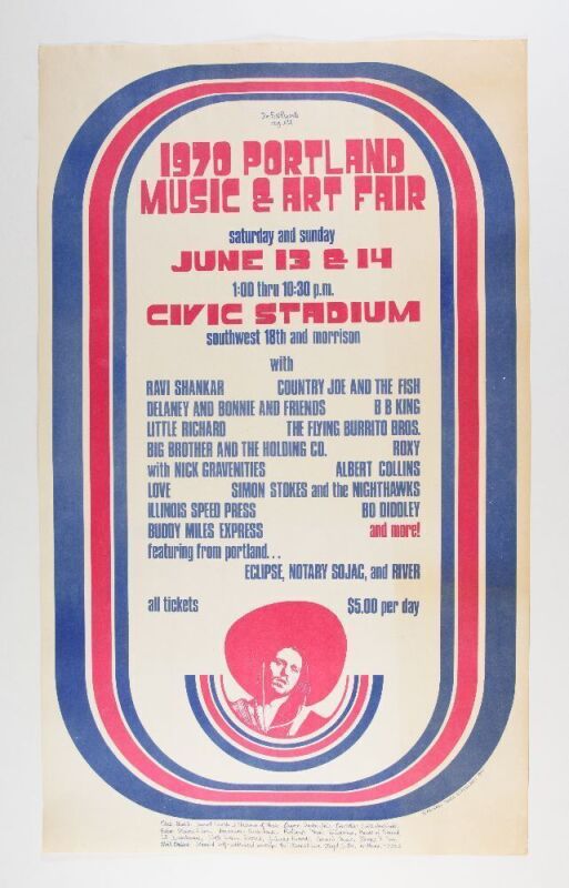 1970 Little Richard B.B. King Country Joe Ravi Shankar Portland Music & Arts Fair Poster Excellent 75