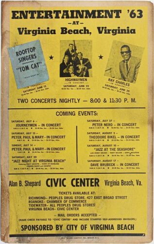 1963 Ray Charles The Highwaymen Dizzy Gillespie The Alan B. Shephard Civic Center Virginia Beach Cardboard Poster Fine 57