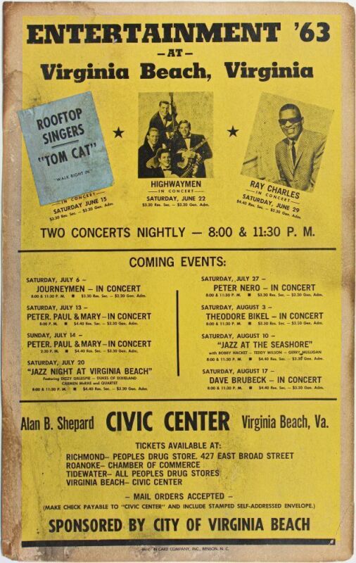 1963 Ray Charles The Highwaymen Dizzy Gillespie The Alan B. Shephard Civic Center Virginia Beach Cardboard Poster Fine 57