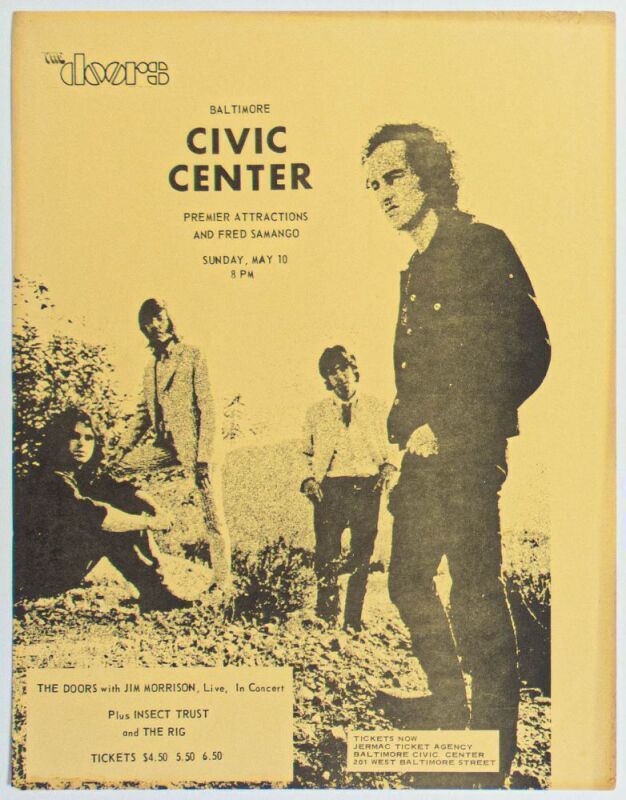 1970 The Doors The Baltimore Civic Center Handbill Extra Fine 69