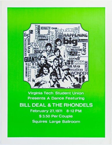 1971 Bill Deal & The Rhondels The Squires Large Ballroom Virginia Polytechnic Institute Poster Excellent 77