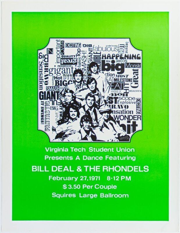 1971 Bill Deal & The Rhondels The Squires Large Ballroom Virginia Polytechnic Institute Poster Excellent 77