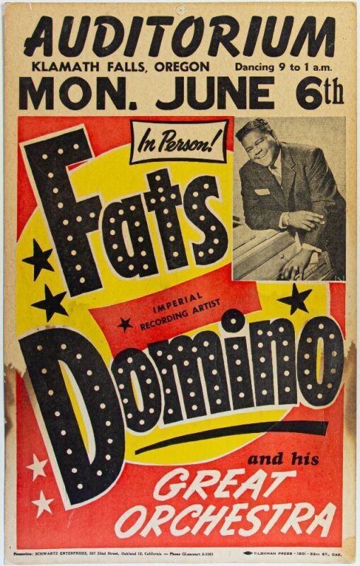 1961 Fats Domino Klamath Falls Auditorium Oregon Cardboard Poster Extra Fine 63