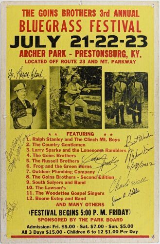 1972 Ralph Stanley Goins Brothers 3rd Annual Bluegrass Festival Archer Park Kentucky Cardboard Signed Poster Extra Fine 63