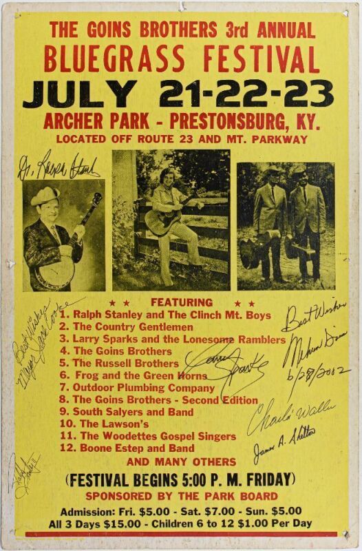 1972 Ralph Stanley Goins Brothers 3rd Annual Bluegrass Festival Archer Park Kentucky Cardboard Signed Poster Extra Fine 63