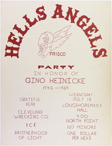 1969 Grateful Dead Hells Angels Party Longshoreman's Hall Poster Extra Fine 65