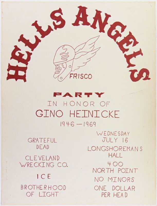 1969 Grateful Dead Hells Angels Party Longshoreman's Hall Poster Extra Fine 65