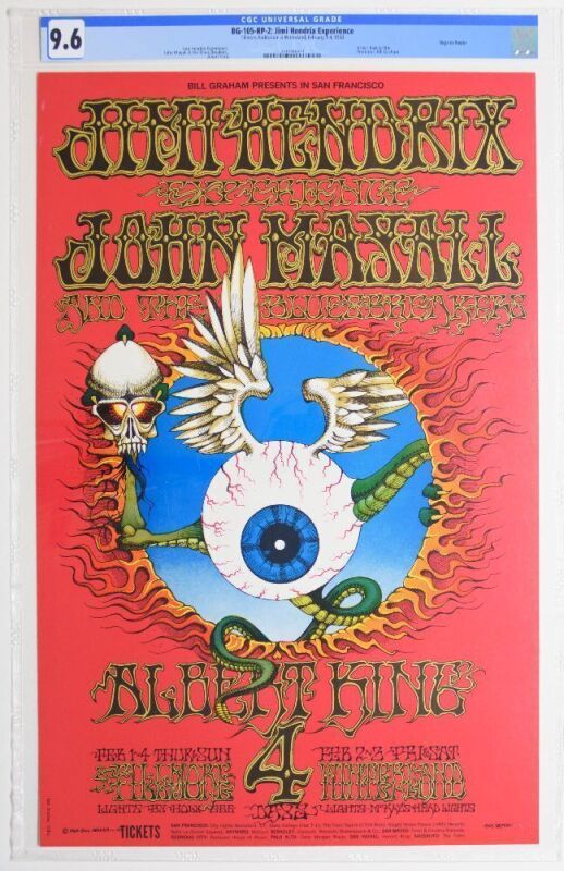 1968 BG-105 Jimi Hendrix Winterland & Fillmore Auditorium RP2 Poster CGC 9.6