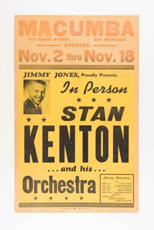 1956 Stan Kenton & His Orchestra The Macumba Club San Francisco Cardboard Poster Extra Fine 63