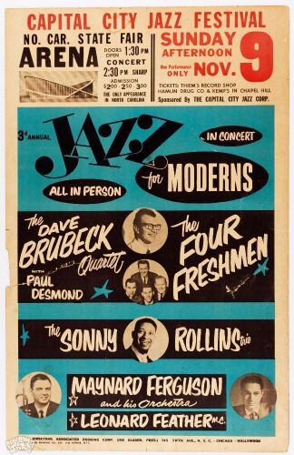 1958 Dave Brubeck Quartet Sonny Rollins The Capital City Jazz Festival North Carolina State Fair Arena Raleigh Cardboard Poster Fine 55