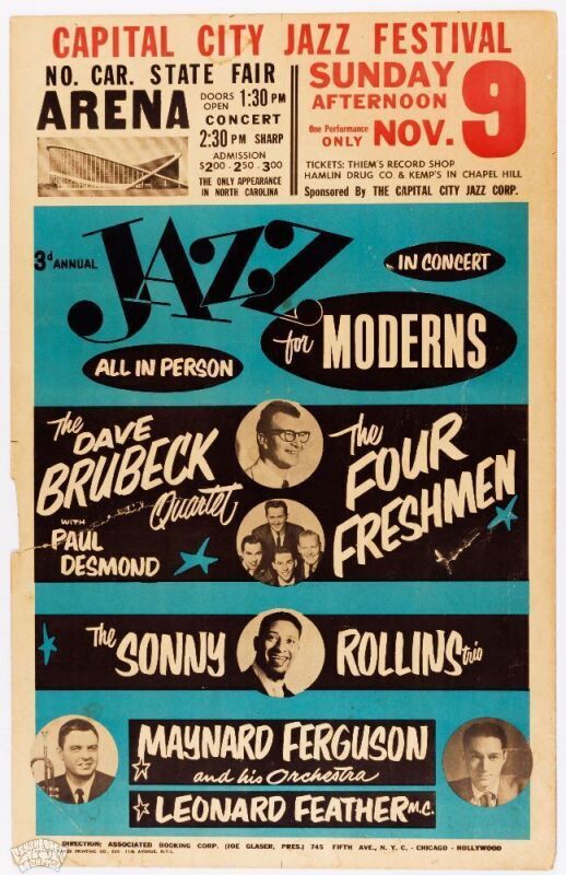 1958 Dave Brubeck Quartet Sonny Rollins The Capital City Jazz Festival North Carolina State Fair Arena Raleigh Cardboard Poster Fine 55