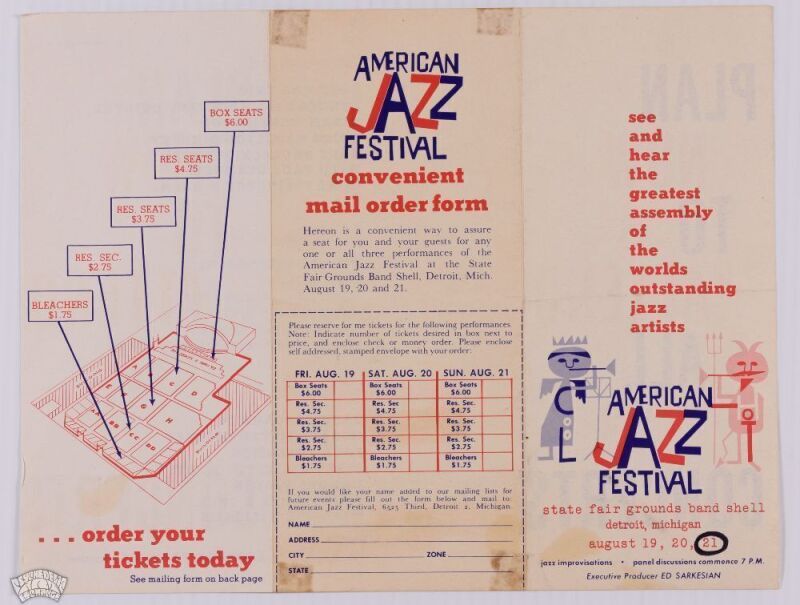 1960 Nina Simone Duke Ellington Louis Armstrong The American Jazz Festival State Fairgrounds Detroit Ticket Order Form Excellent 71
