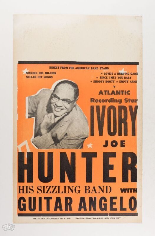1950s Ivory Joe Hunter & His Sizzling Band with Guitar Angelo Cardboard Tour Blank Poster Extra Fine 65