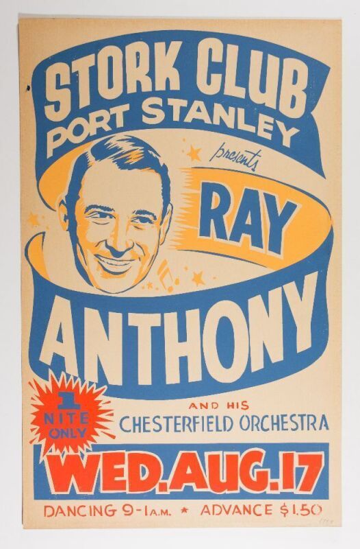1955 Ray Anthony & His Chesterfield Orchestra The Stork Club Port Stanley Ontario Cardboard Poster Excellent 77