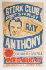 1955 Ray Anthony & His Chesterfield Orchestra The Stork Club Port Stanley Ontario Cardboard Poster Excellent 77