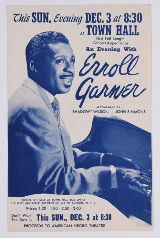 1961 Erroll Garner Shadow Wilson John Simmons Town Hall New York Handbill Mint 95