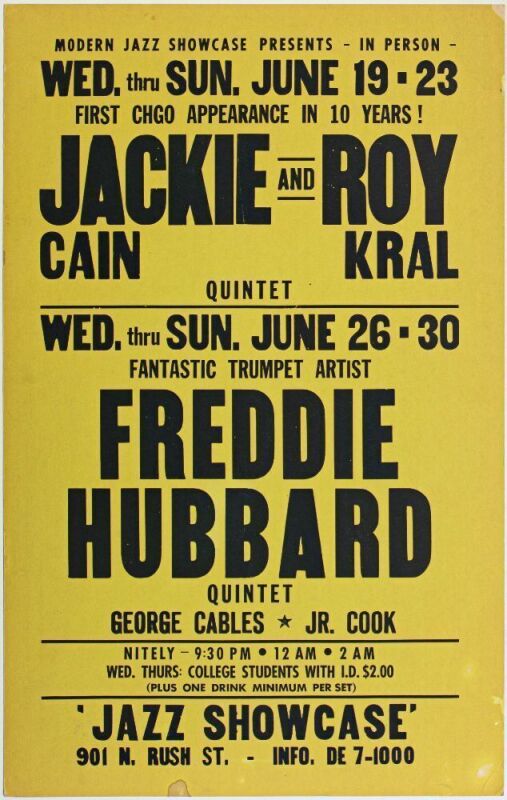 1963 Jackie Cain & Roy Kral Quintet The Freddie Hubbard Quintet Jazz Showcase Chicago Cardboard Poster Excellent 75