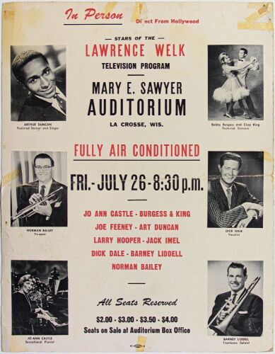 1963 Jo Ann Castle The Stars of the Lawrence Welk Show The Mary Sawyer Auditorium La Crosse Cardboard Poster Fine 57