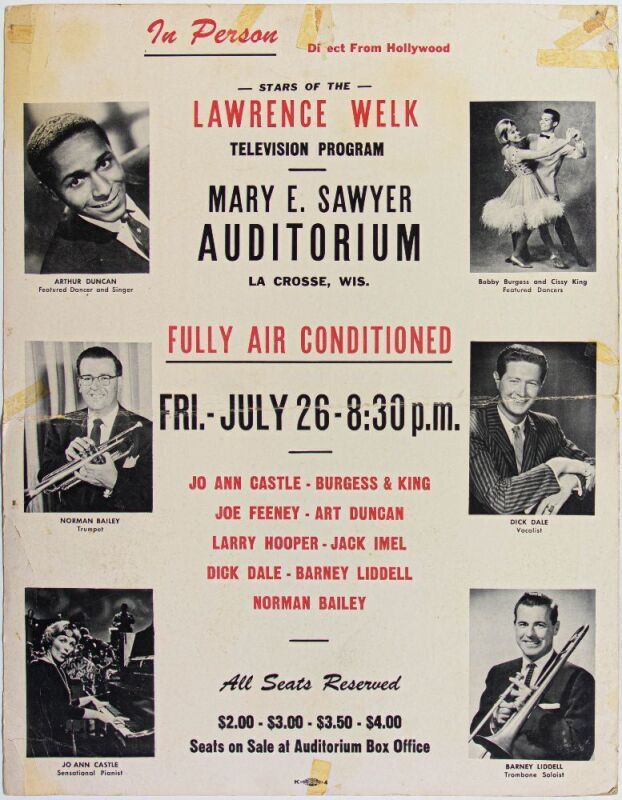 1963 Jo Ann Castle The Stars of the Lawrence Welk Show The Mary Sawyer Auditorium La Crosse Cardboard Poster Fine 57