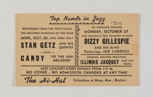 1952 Stan Getz Candy Dizzy Gillespie Top Names In Jazz The Hi Hat Boston Postcard Extra Fine 69
