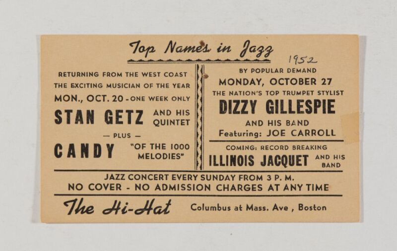 1952 Stan Getz Candy Dizzy Gillespie Top Names In Jazz The Hi Hat Boston Postcard Extra Fine 69