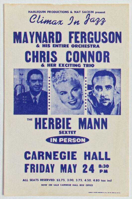 1963 Maynard Ferguson Chris Connor Herbie Mann Carnegie Hall New York Handbill Excellent 79