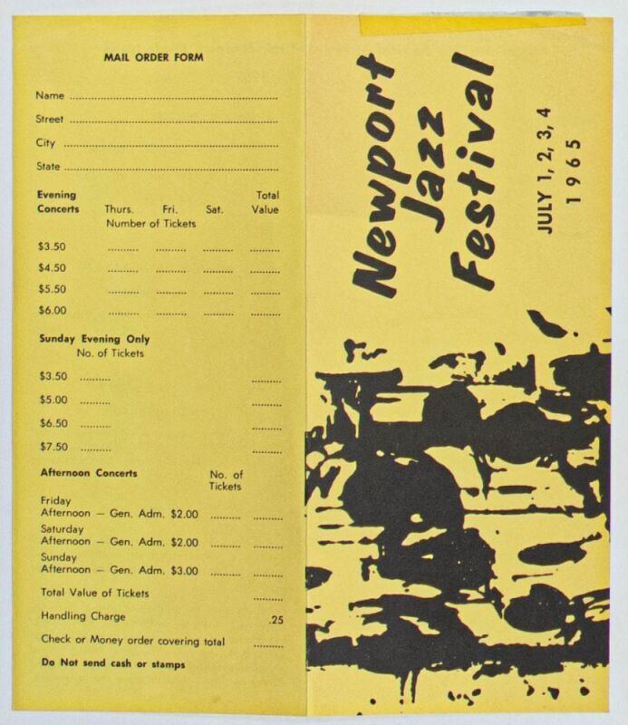 1965 John Coltrane Miles Davis Frank Sinatra Buddy Rich The Newport Jazz Festival Ticket Order Form Mailer Excellent 79