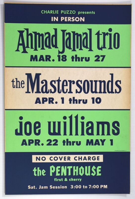 1965 The Ahmad Jamal Trio The Mastersounds Joe Williams The Penthouse Seattle Cardboard Poster Mint 91