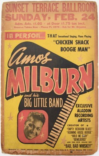 1952 Amos Milburn & His Big Little Band The Sunset Terrace Ballroom Indianapolis Cardboard Poster Fine 59
