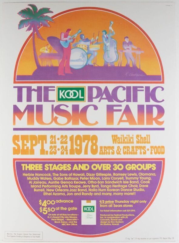 1978 Herbie Hancock Dizzy Gillespie Ramsey Lewis The Kool Pacific Music Fair Waikiki Shell Honolulu Cardboard Poster Excellent 79