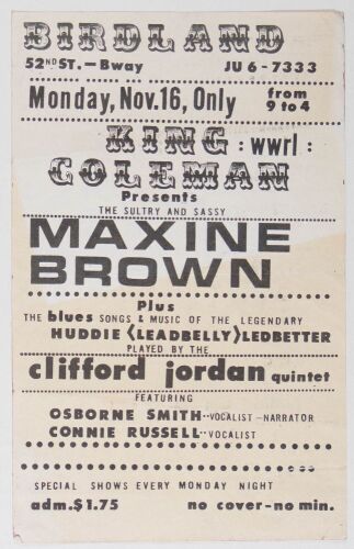 1964 Maxine Brown The Clifford Jordan Quintet Birdland Jazz Club New York Handbill Extra Fine 63