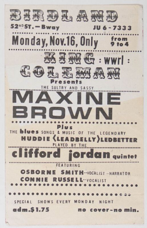 1964 Maxine Brown The Clifford Jordan Quintet Birdland Jazz Club New York Handbill Extra Fine 63