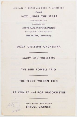 1957 Dizzy Gillespie Orchestra Mary Lou Williams The Bud Powell Trio Jazz Under The Stars The Wollman Memorial Theatre Central Park New York Handbill Extra Fine 63