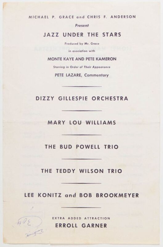 1957 Dizzy Gillespie Orchestra Mary Lou Williams The Bud Powell Trio Jazz Under The Stars The Wollman Memorial Theatre Central Park New York Handbill Extra Fine 63