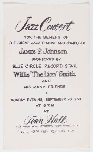 1953 Willie The Lion Smith & His Many Friends Benefit for James P. Johnson Town Hall New York Handbill Excellent 79