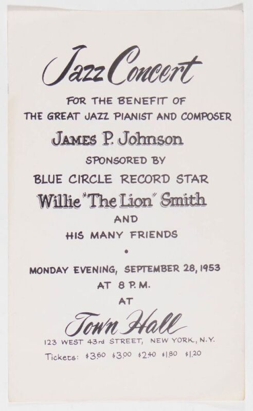 1953 Willie The Lion Smith & His Many Friends Benefit for James P. Johnson Town Hall New York Handbill Excellent 79