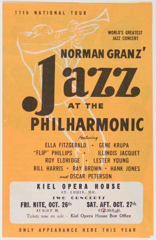1956 Ella Fitzgerald Gene Krupa Jazz at the Philharmonic The Kiel Opera House St. Louis Flyer Near Mint 89