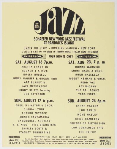 1969 Aretha Franklin Duke Ellington The Schaefer New York Jazz Festival Downing Stadium Flyer Near Mint 87