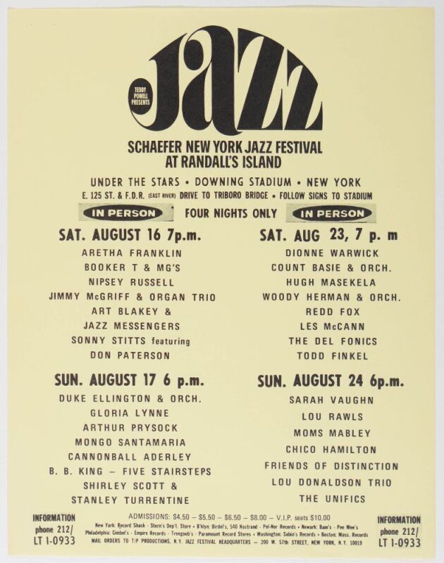 1969 Aretha Franklin Duke Ellington The Schaefer New York Jazz Festival Downing Stadium Flyer Near Mint 87