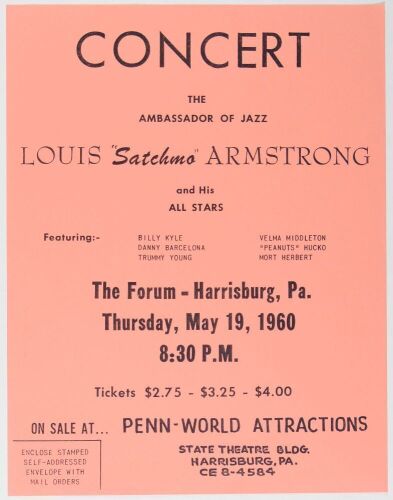 1960 Louis Armstrong & His All Stars The Forum Harrisburg Flyer Mint 91