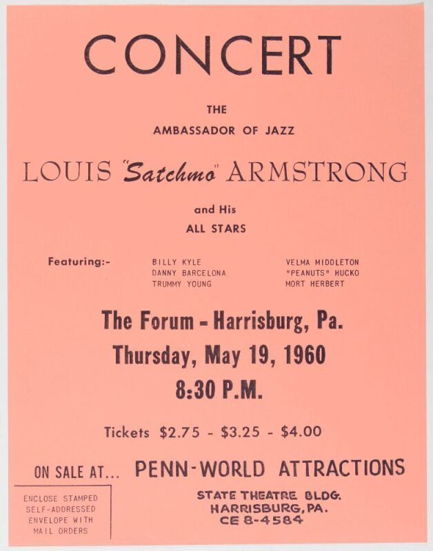 1960 Louis Armstrong & His All Stars The Forum Harrisburg Flyer Mint 91